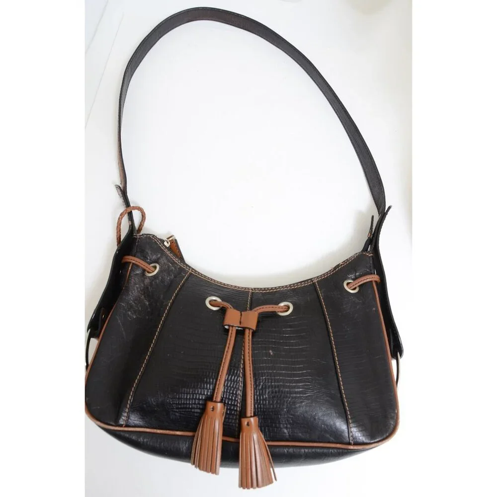 Sharif Studio Black Textured Leather Fringe Crossbody Satchel Handbag‎ Purse